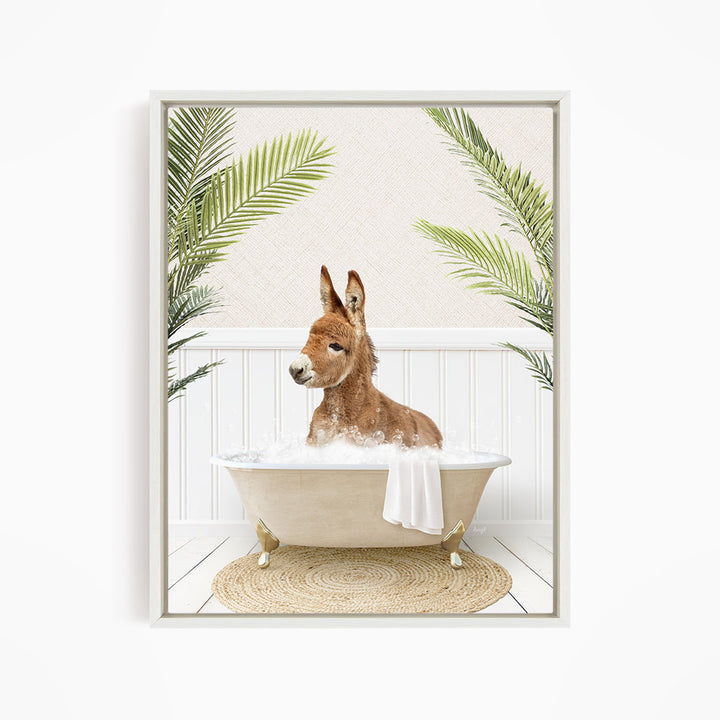 A donkey is sitting in a bathtub filled with water, surrounded by palm leaves, creating a whimsical and playful scene.
