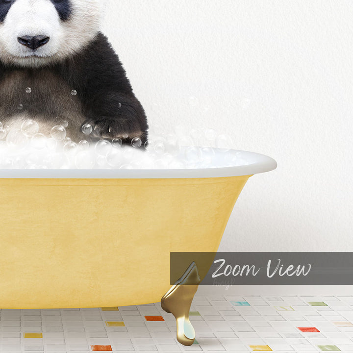 A panda bear sitting in a yellow bathtub filled with bubbles, with a text overlay that reads "Zoom View".