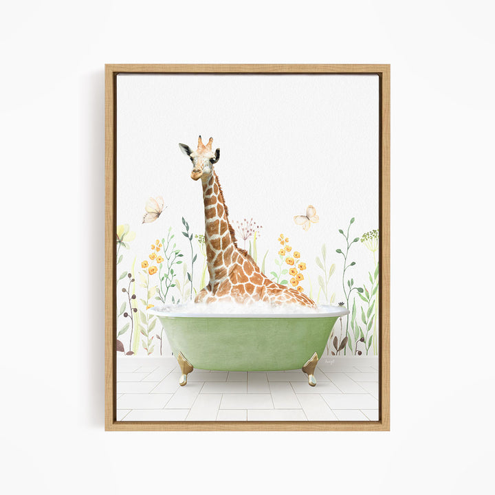 A giraffe is sitting in a green bathtub filled with water, surrounded by flowers and butterflies.