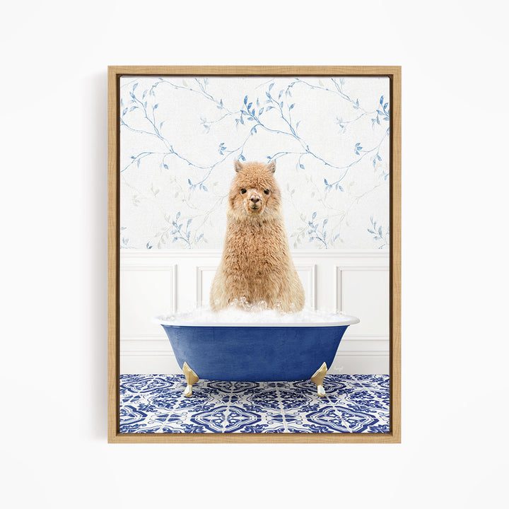 A small brown dog sitting in a blue bathtub filled with water, surrounded by a blue and white patterned rug.