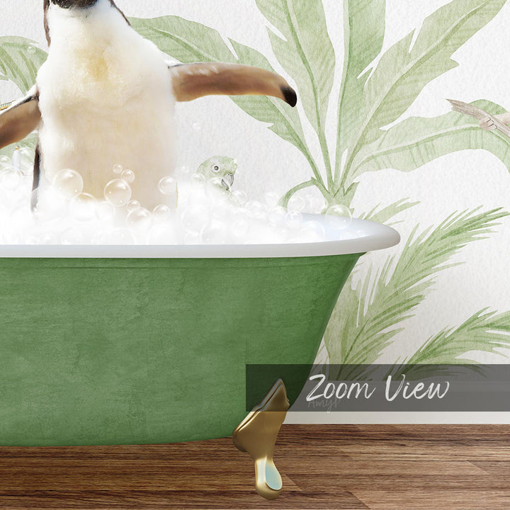 A penguin standing in a green bathtub filled with bubbles, with a palm tree wallpaper in the background.