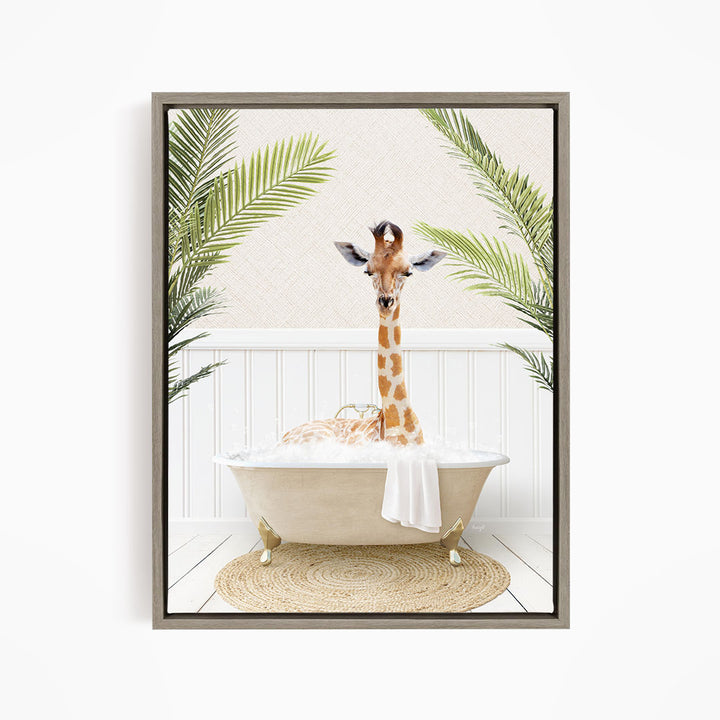 A giraffe is sitting in a bathtub filled with water, surrounded by palm leaves, creating a whimsical and playful scene.