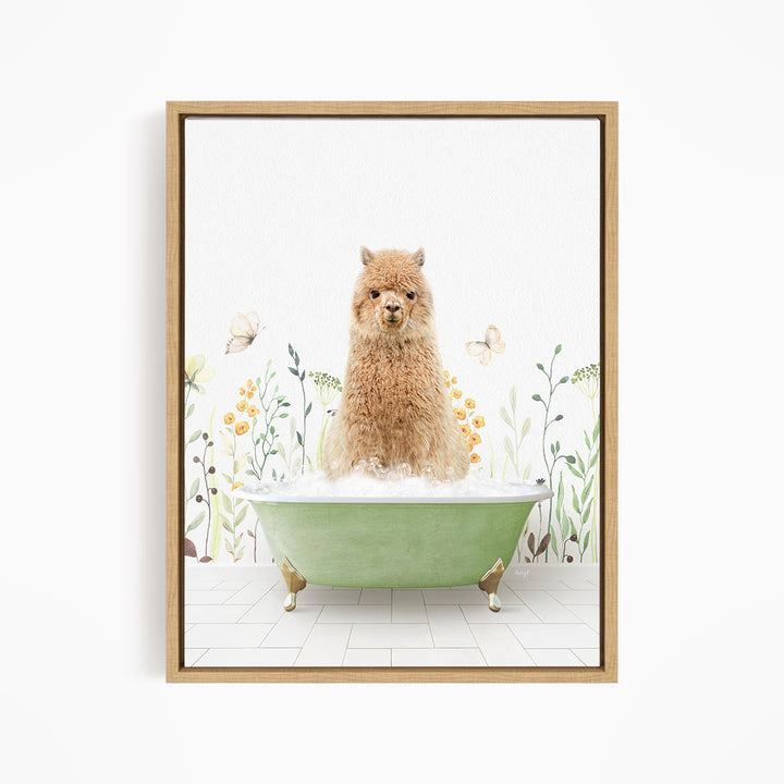 A fluffy brown dog sitting in a green bathtub filled with bubbles, surrounded by flowers and butterflies.