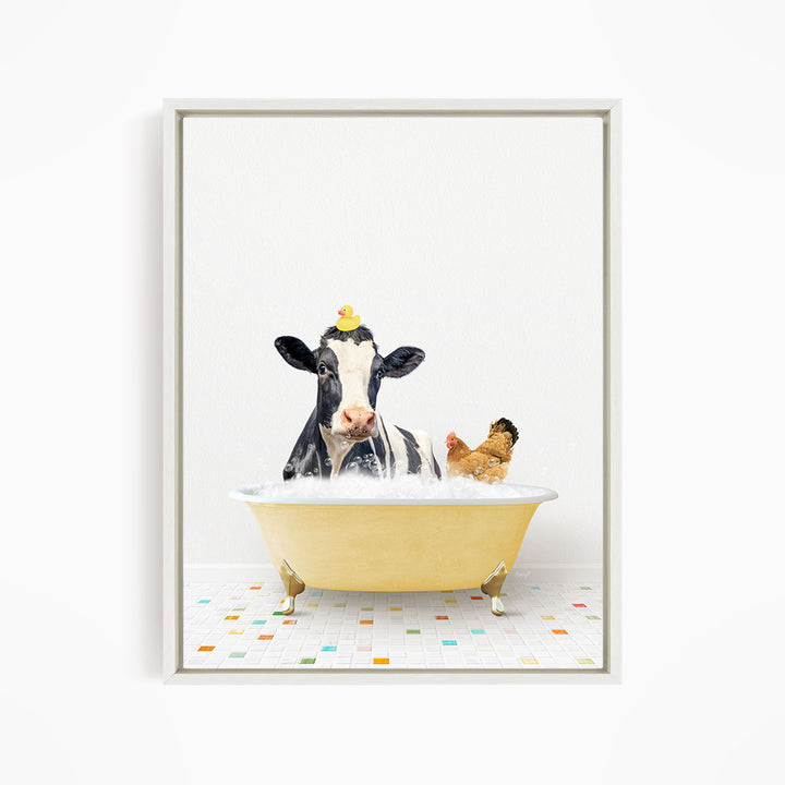 A black and white cow is sitting in a yellow bathtub, surrounded by a chicken and a duck, all enjoying a bath together.