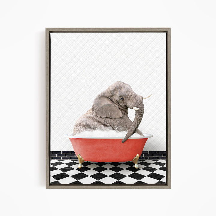A gray elephant sitting in a red bathtub filled with water, surrounded by a black and white checkered floor.