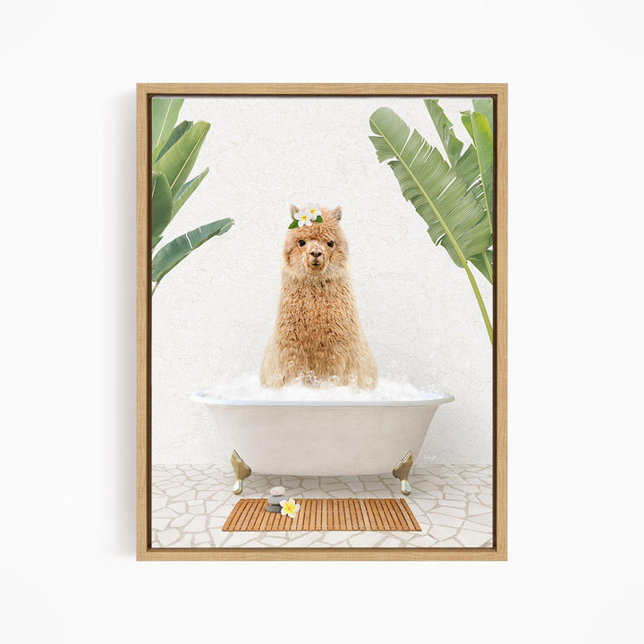 A fluffy brown dog sitting in a white bathtub, surrounded by tropical plants and a wooden mat on the floor.
