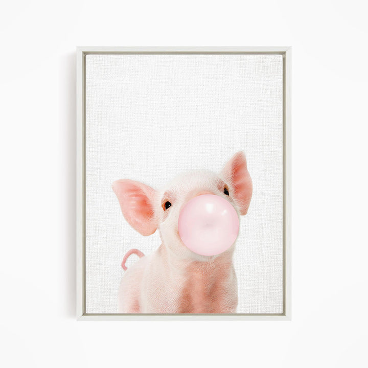 A cute pig blowing a bubble with a pink bubble gum bubble.
