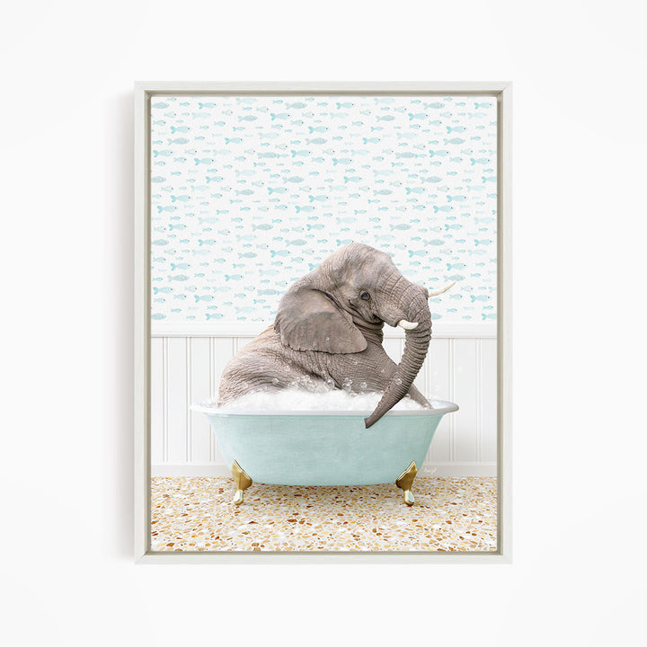 A gray elephant is sitting in a light blue bathtub filled with water, surrounded by a pattern of small fish.