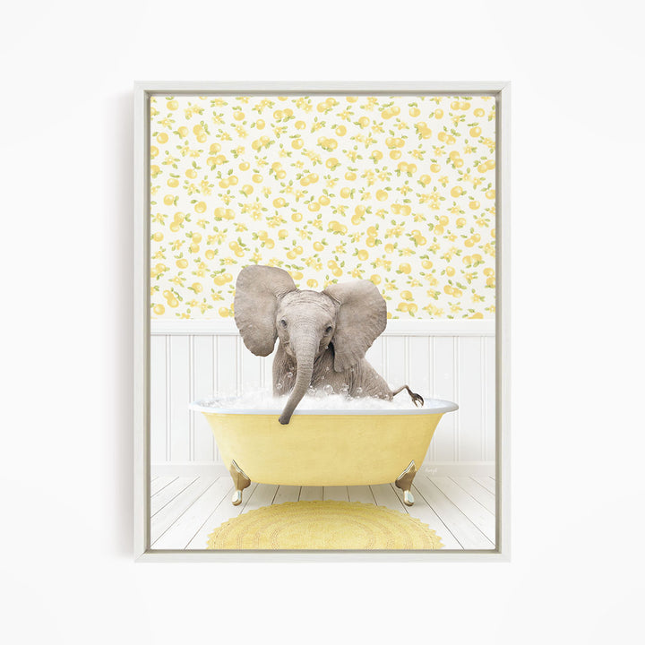 A gray elephant sitting in a yellow bathtub filled with water, surrounded by a yellow floral pattern on the wall behind it.