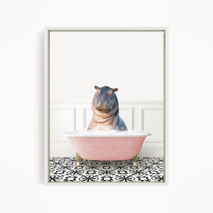 A hippopotamus sitting in a pink bathtub filled with water, surrounded by a black and white patterned floor.