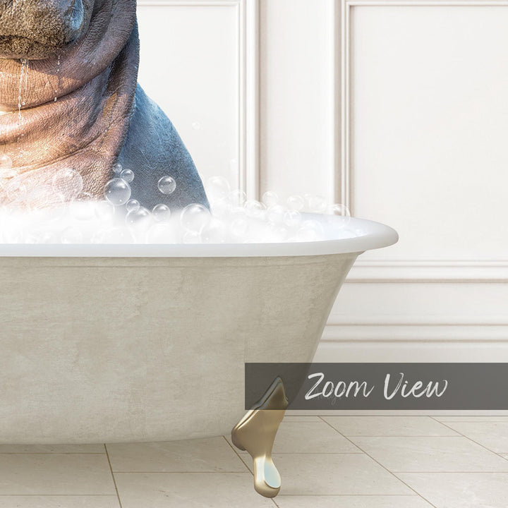 A bathtub filled with bubbles, with a dog's head partially submerged in the water.