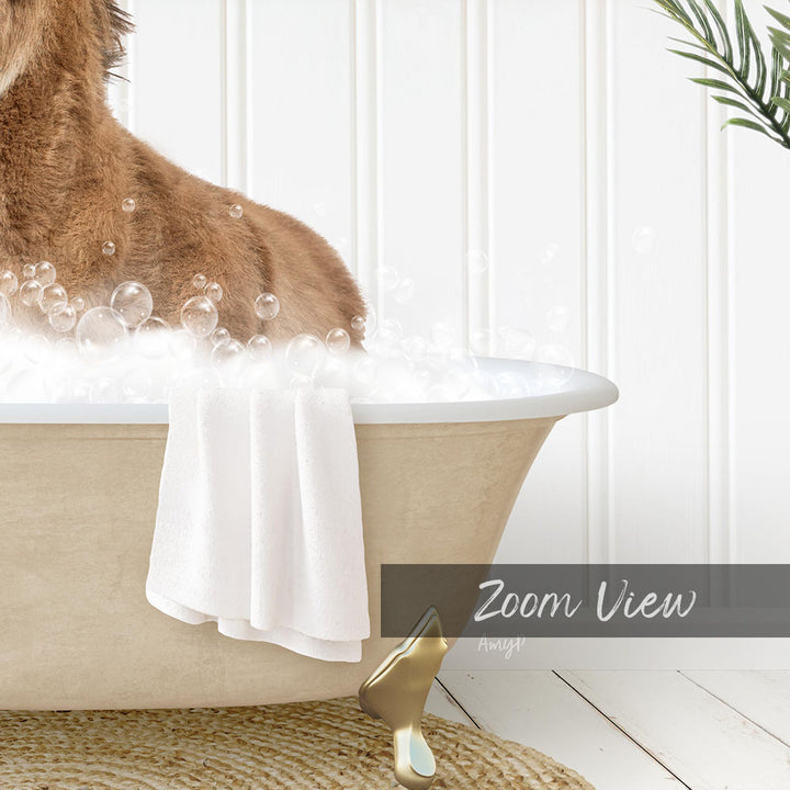 A dog is sitting in a bathtub filled with bubbles, with a towel hanging on the side and a plant nearby.
