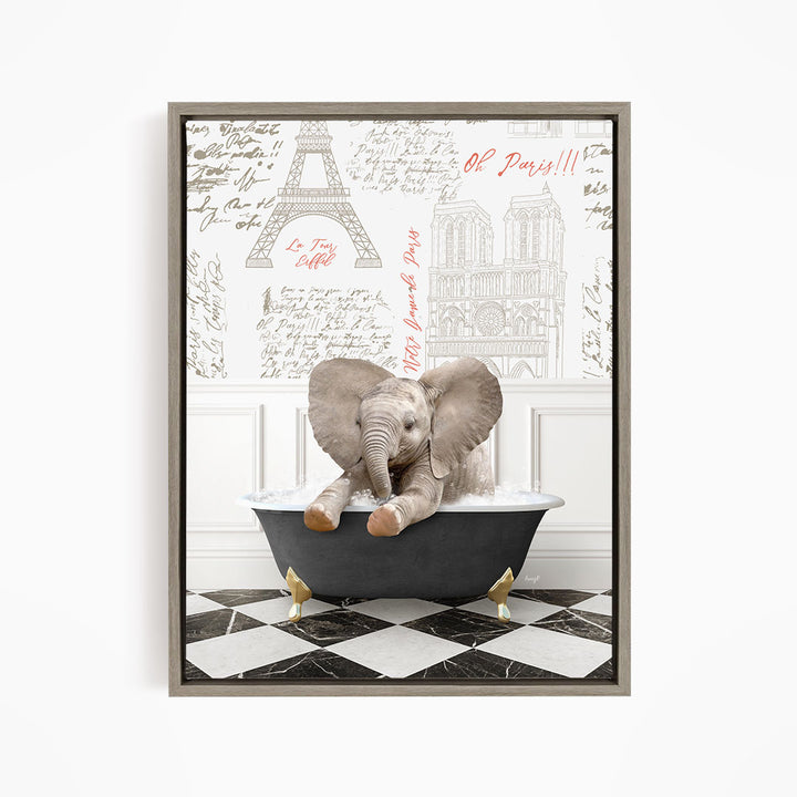 A framed image depicting a baby elephant sitting in a bathtub, surrounded by various architectural drawings and text.