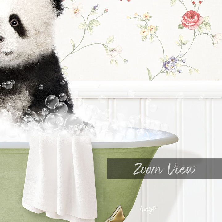 A panda bear sitting in a bathtub filled with bubbles, surrounded by a floral wallpaper.