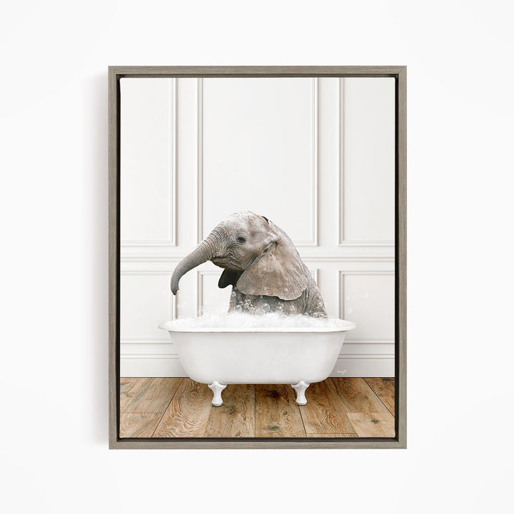A baby elephant sitting in a white bathtub filled with water, creating a playful and whimsical scene.