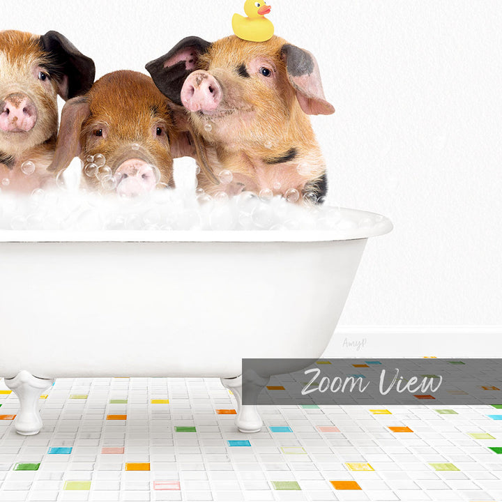 Three adorable pigs sitting in a white bathtub filled with bubbles, with a yellow rubber duck perched on their heads.