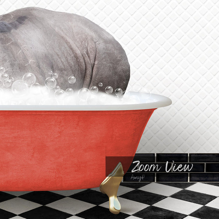 A red bathtub filled with bubbles, with a large gray rhinoceros sitting inside it.