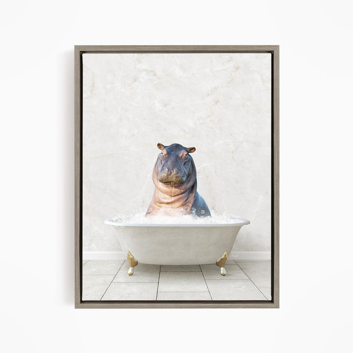 A hippopotamus sitting in a white bathtub filled with water, creating a whimsical and playful scene.