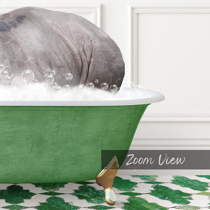 A large gray rhinoceros is sitting in a green bathtub filled with bubbles, with a gold faucet and a patterned green and white floor visible in the background.