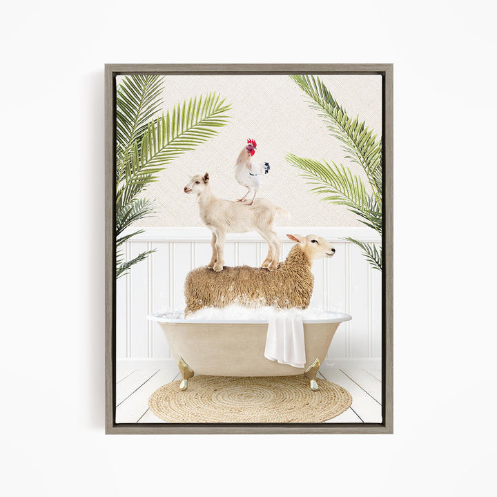 A framed image depicting a goat standing on a sheep's back while a chicken sits on top of the sheep, all in a bathtub surrounded by palm leaves.