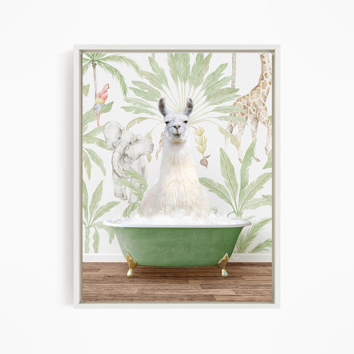 A white llama sitting in a green bathtub, surrounded by tropical foliage and a giraffe in the background.