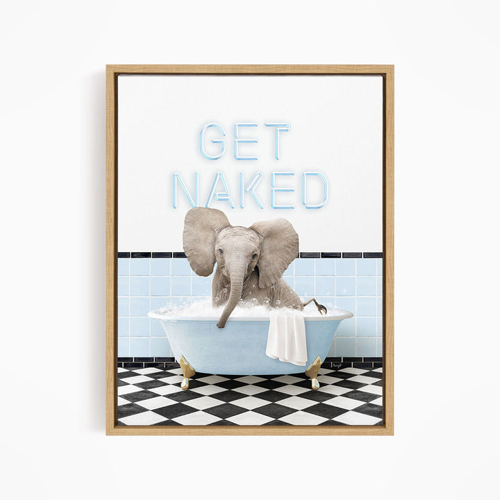 A framed image depicting an elephant sitting in a bathtub with the text "GET NAKED" written above it.