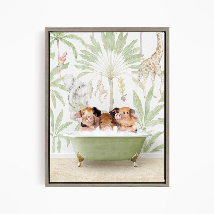 A framed print depicting three pigs sitting in a green bathtub, surrounded by a tropical jungle scene with various animals and plants.