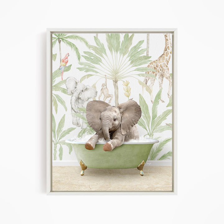 A baby elephant sitting in a green bathtub, surrounded by tropical foliage and other animals, creating a whimsical and playful scene.