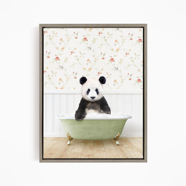 A panda bear sitting in a green bathtub, surrounded by a floral wallpaper.