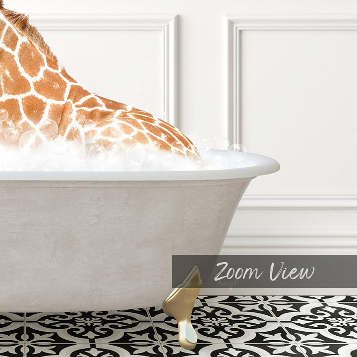 A giraffe is sitting in a bathtub filled with water, surrounded by bubbles, in a bathroom setting with a black and white patterned floor.