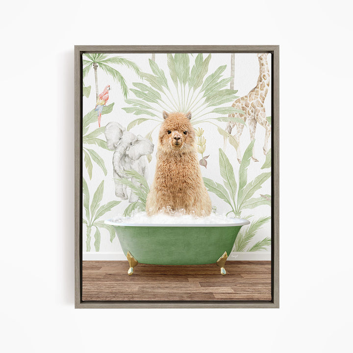 A small dog sitting in a green bathtub filled with water, surrounded by tropical plants and animals, such as a giraffe and a parrot.