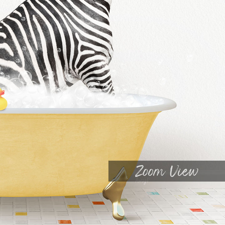 A zebra standing in a yellow bathtub filled with bubbles, with a rubber duck nearby.
