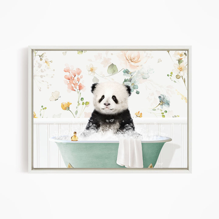 A panda bear sitting in a green bathtub filled with bubbles, surrounded by a floral pattern.
