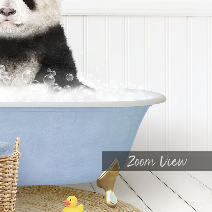 A panda sitting in a blue bathtub filled with bubbles, surrounded by rubber ducks and a basket.