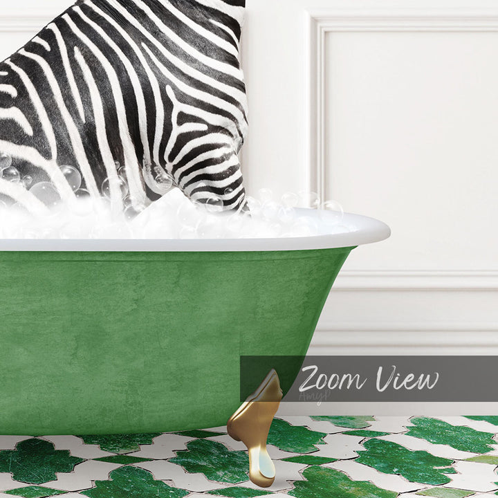 A zebra standing in a green bathtub filled with bubbles, with a gold bathtub leg visible.