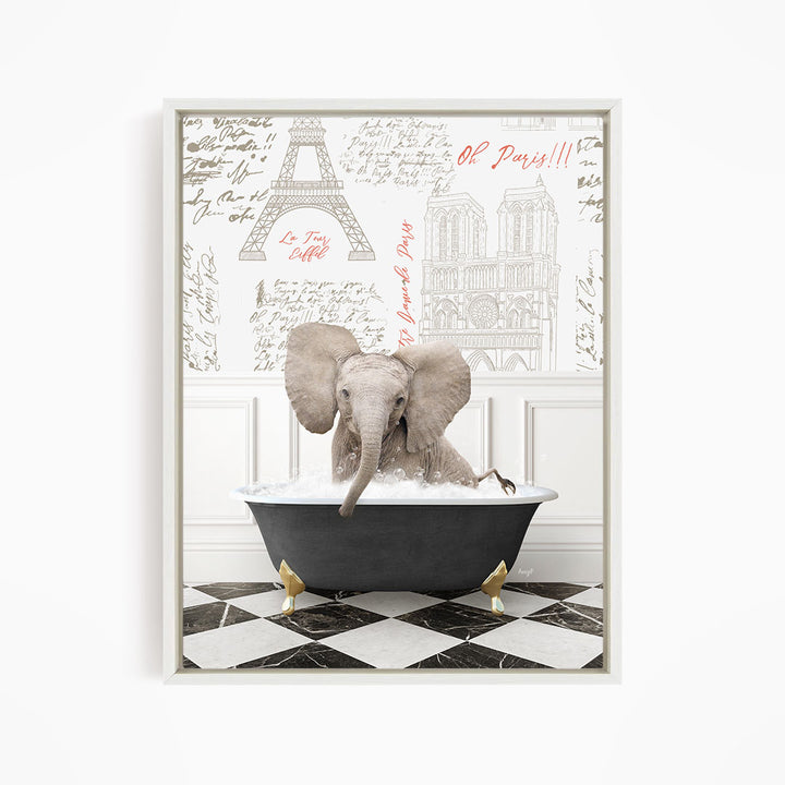 A gray elephant is sitting in a bathtub filled with water, surrounded by a wall with various inscriptions and illustrations, including the Eiffel Tower.