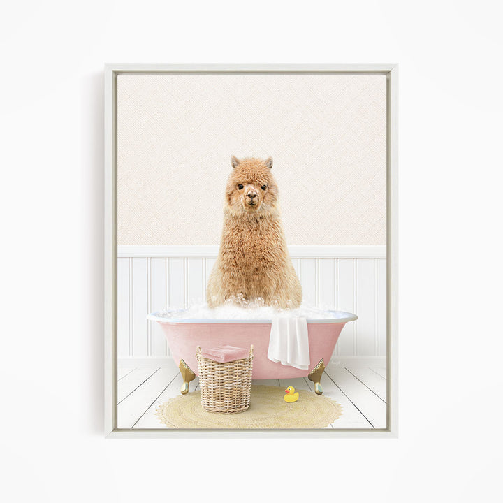 A fluffy brown dog sitting in a pink bathtub filled with bubbles, surrounded by a yellow rubber duck and a wicker basket.