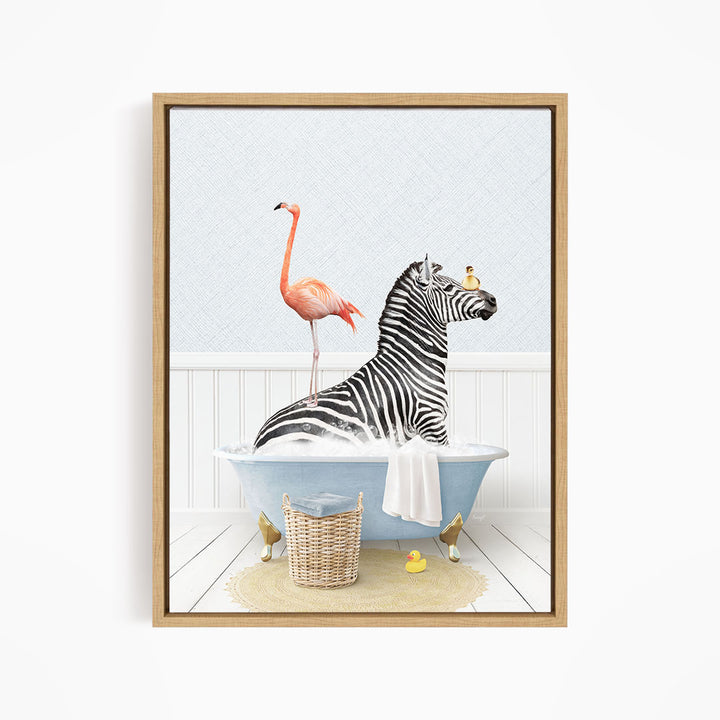 A zebra is sitting in a bathtub, surrounded by a pink flamingo and a yellow rubber duck, creating a whimsical and playful scene.