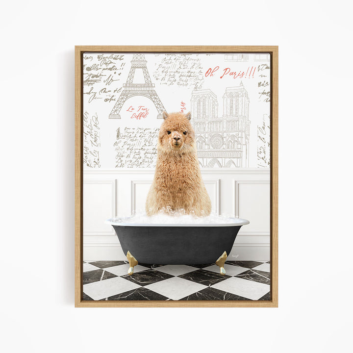 A fluffy brown dog sitting in a bathtub filled with water, surrounded by a Paris-themed background with the Eiffel Tower and other landmarks.