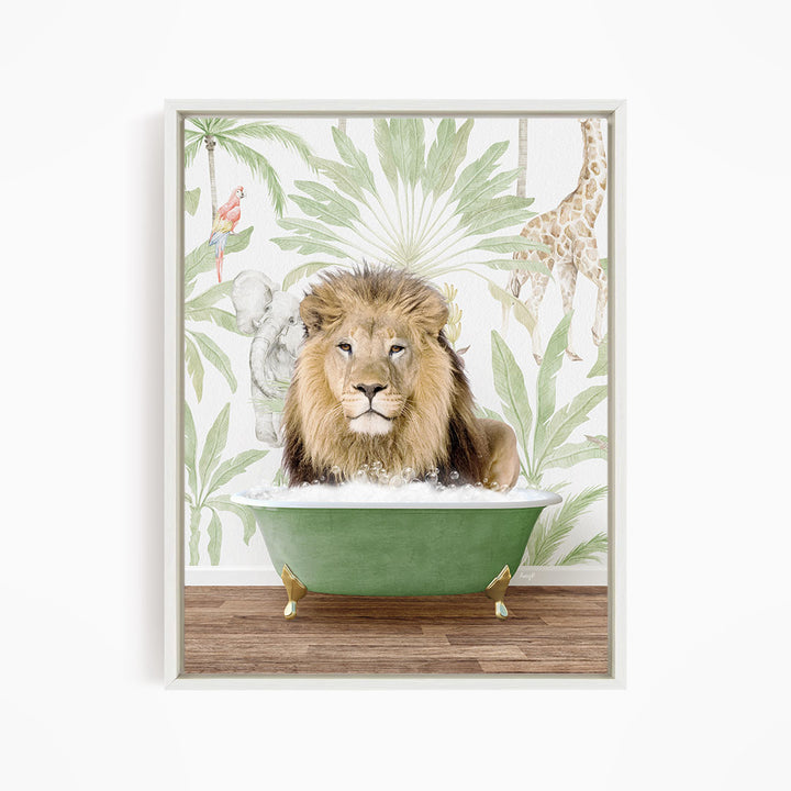 A lion is sitting in a green bathtub, surrounded by tropical foliage and a giraffe in the background.