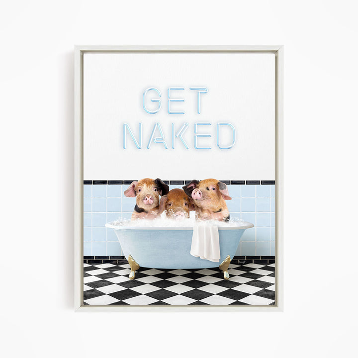 Three adorable pigs sitting in a bathtub, with the text "GET NAKED" displayed above them.