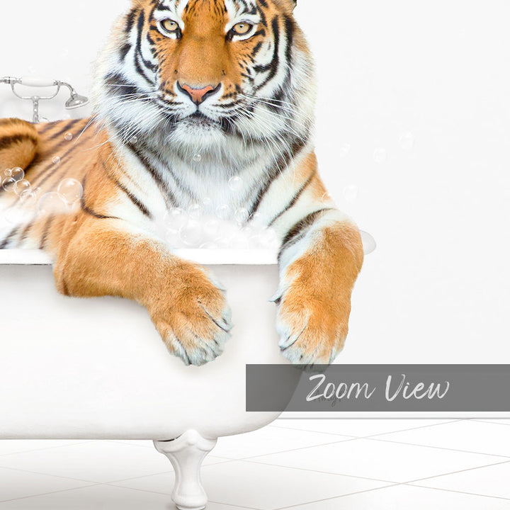 A tiger resting in a bathtub filled with bubbles, as if enjoying a relaxing bath.