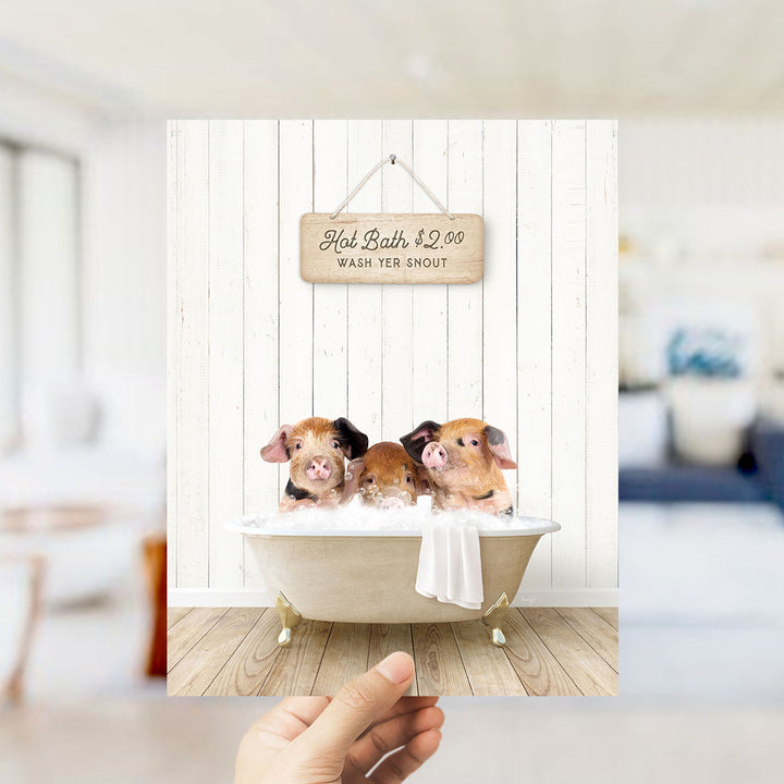 A hand holding a framed image of three adorable pigs sitting in a bathtub, with a sign above them advertising hot baths for $2.00.