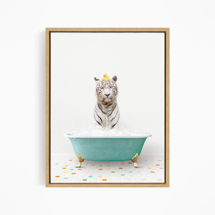 A white tiger is sitting in a blue bathtub, surrounded by colorful tiles on the floor.