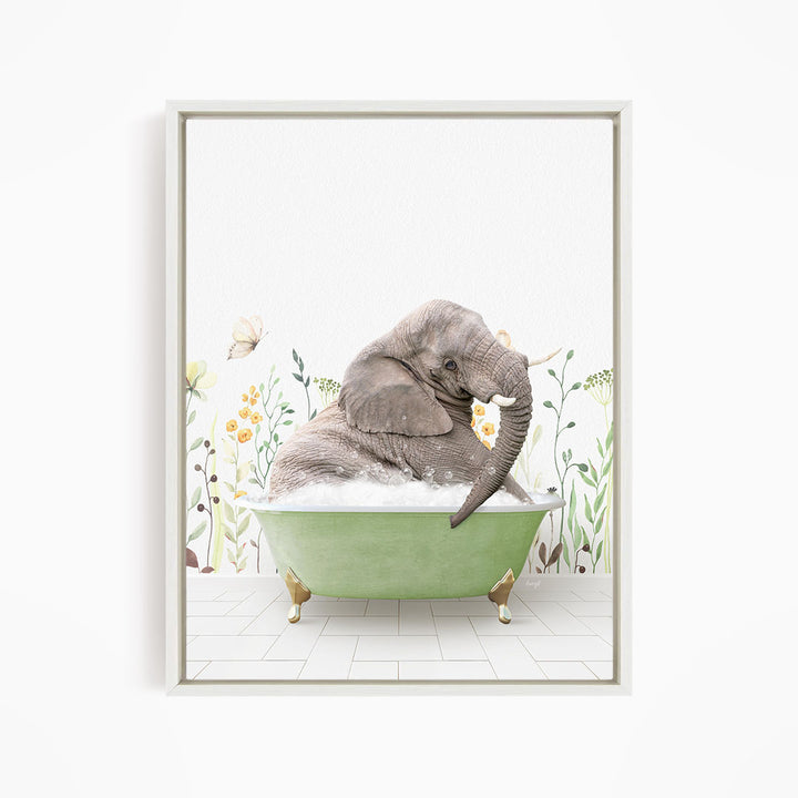 A gray elephant is sitting in a green bathtub filled with bubbles, surrounded by flowers and butterflies.