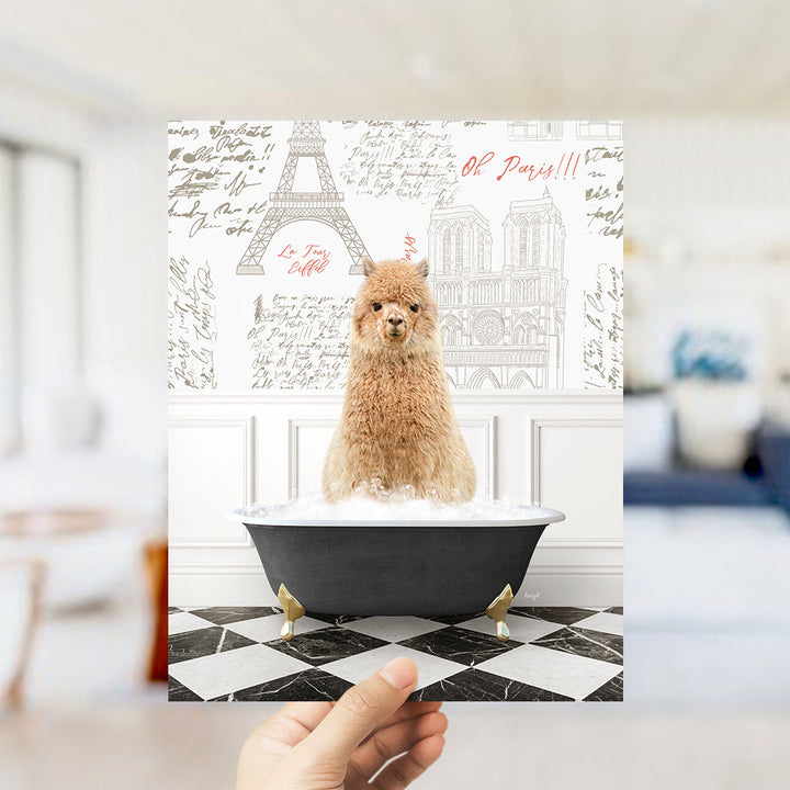 A hand holds up a framed image of a fluffy brown dog sitting in a bathtub filled with bubbles, with a Paris-themed background featuring the Eiffel Tower and other Parisian landmarks.