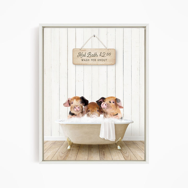 Three adorable pigs sitting in a white bathtub, with a sign above them that reads "Hot Bath $2.00 WASH YER SNOUT".