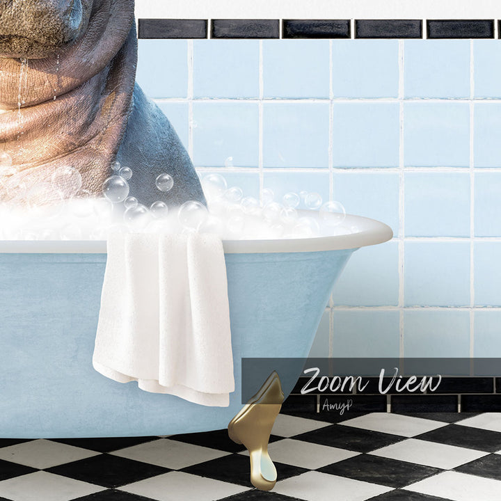 A bathtub filled with bubbles, with a towel hanging over the side and a gold bathtub leg visible. The background is a checkered black and white tile pattern.