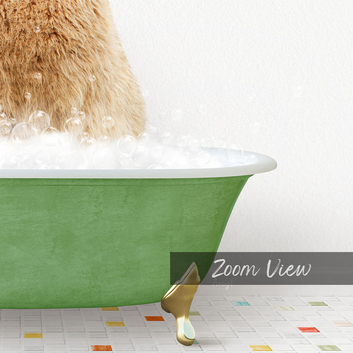 A fluffy brown cat is sitting in a green bathtub filled with bubbles, with a gold claw-like object on the floor.