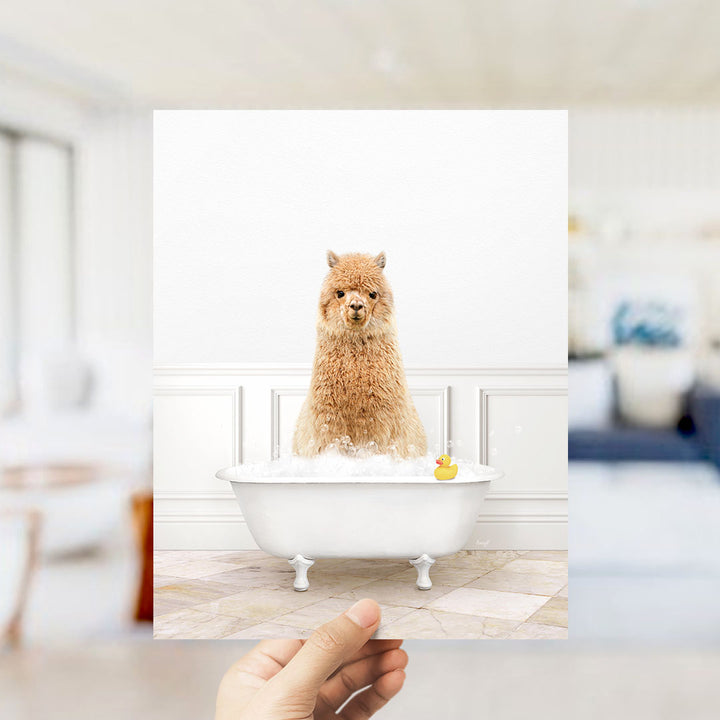 A fluffy brown dog sitting in a white bathtub filled with bubbles, with a yellow rubber duck floating in the water.